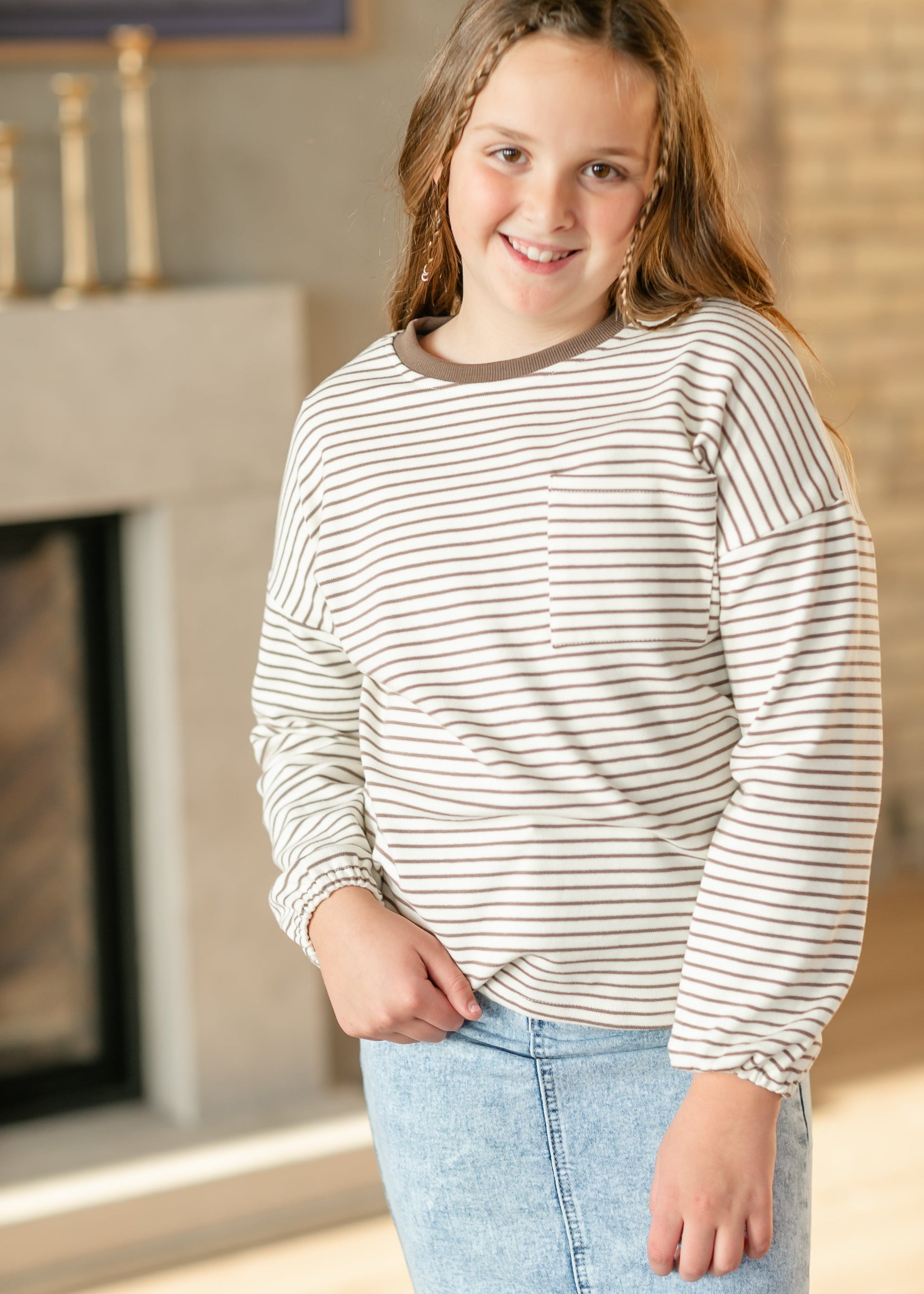 Girl's Taupe Stripe Long Sleeve Top FF Girls