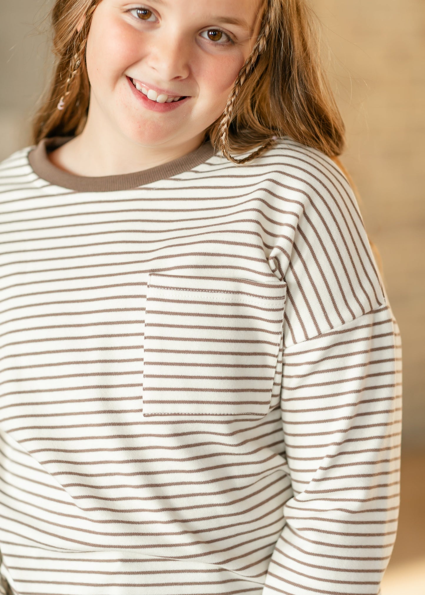 Girl's Taupe Stripe Long Sleeve Top FF Girls