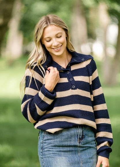 Glenda Navy Stripe Quarter Snap Sweater IC Tops