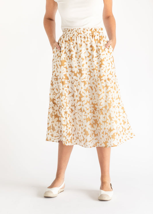 Golden Floral Tiered Midi Skirt FF Skirts