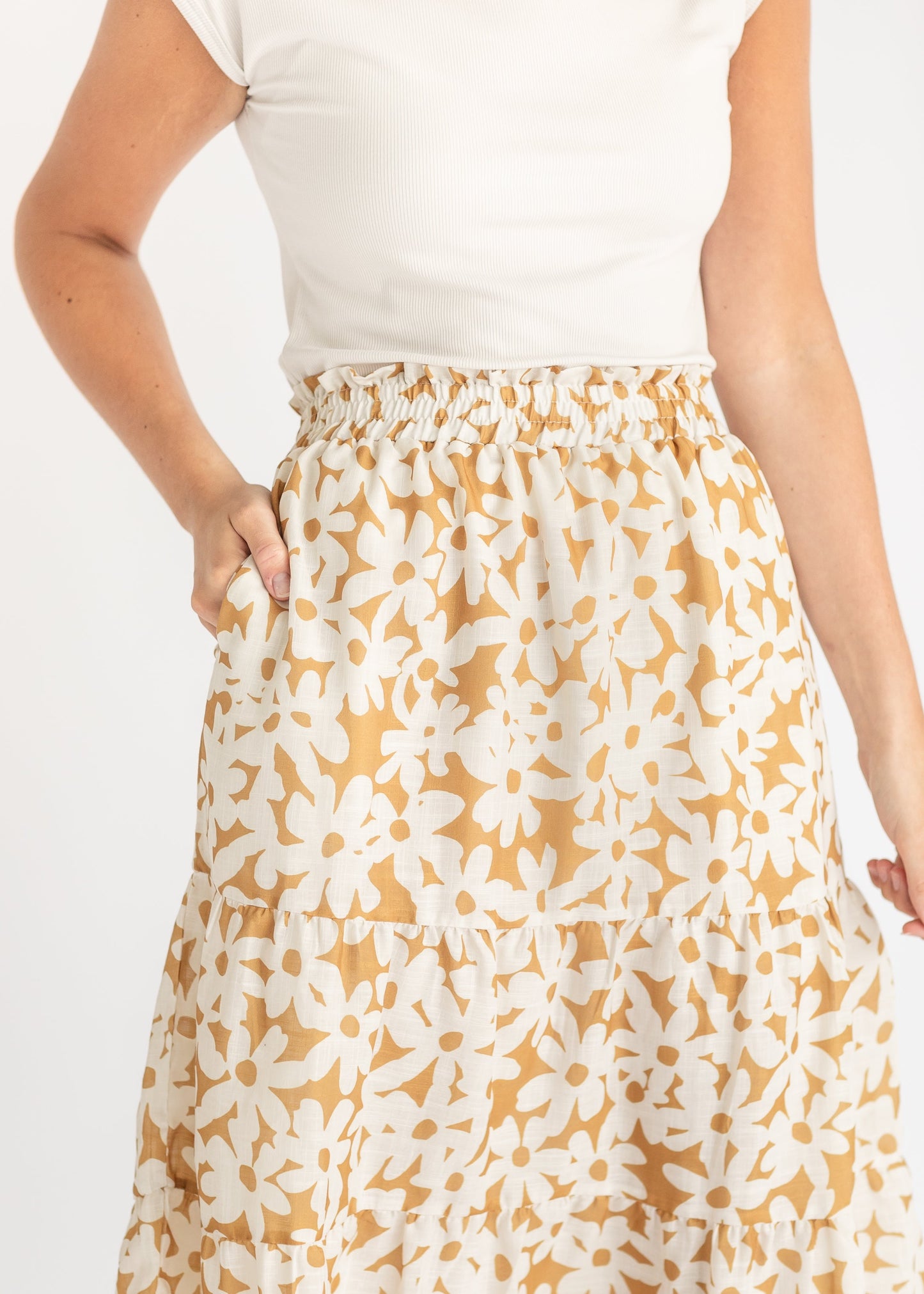 Golden Floral Tiered Midi Skirt FF Skirts