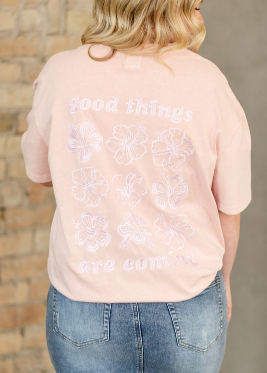 Good Things Are Coming Embroidered Flower T-shirt FF Tops