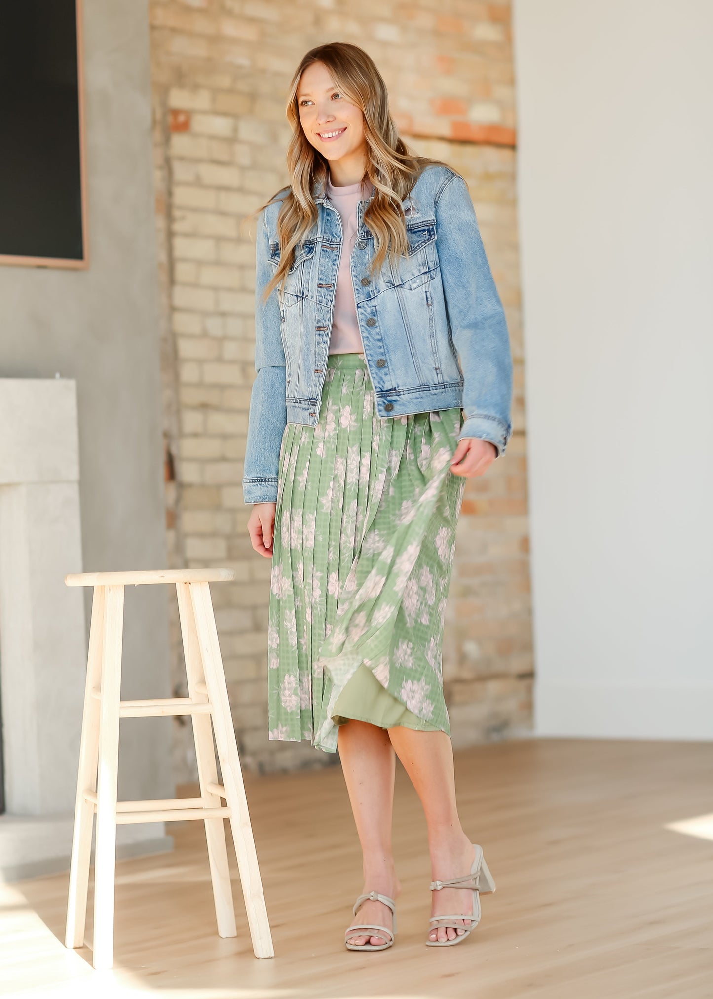 Green Floral Pleated Midi Skirt FF Skirts