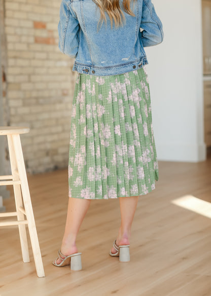 Green Floral Pleated Midi Skirt FF Skirts