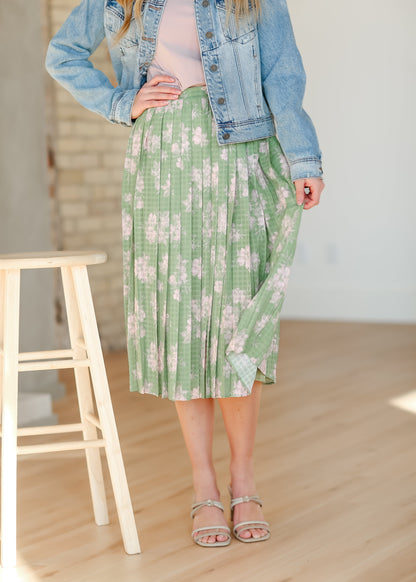 Green Floral Pleated Midi Skirt FF Skirts