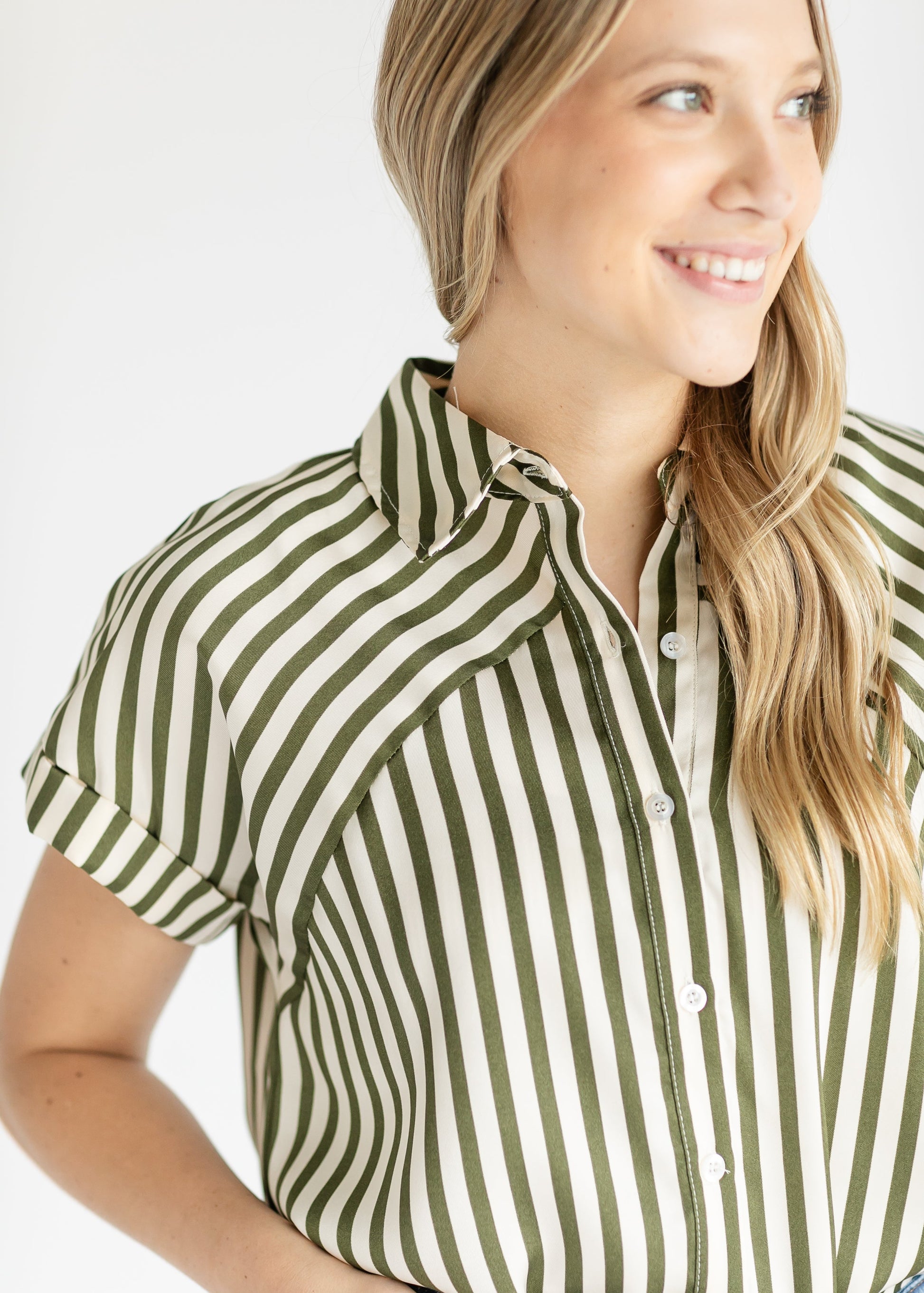 Hailey Green Striped Button Up Top FF Tops