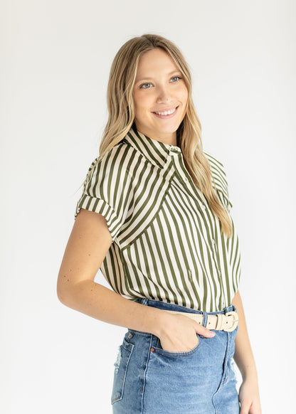 Hailey Green Striped Button Up Top FF Tops
