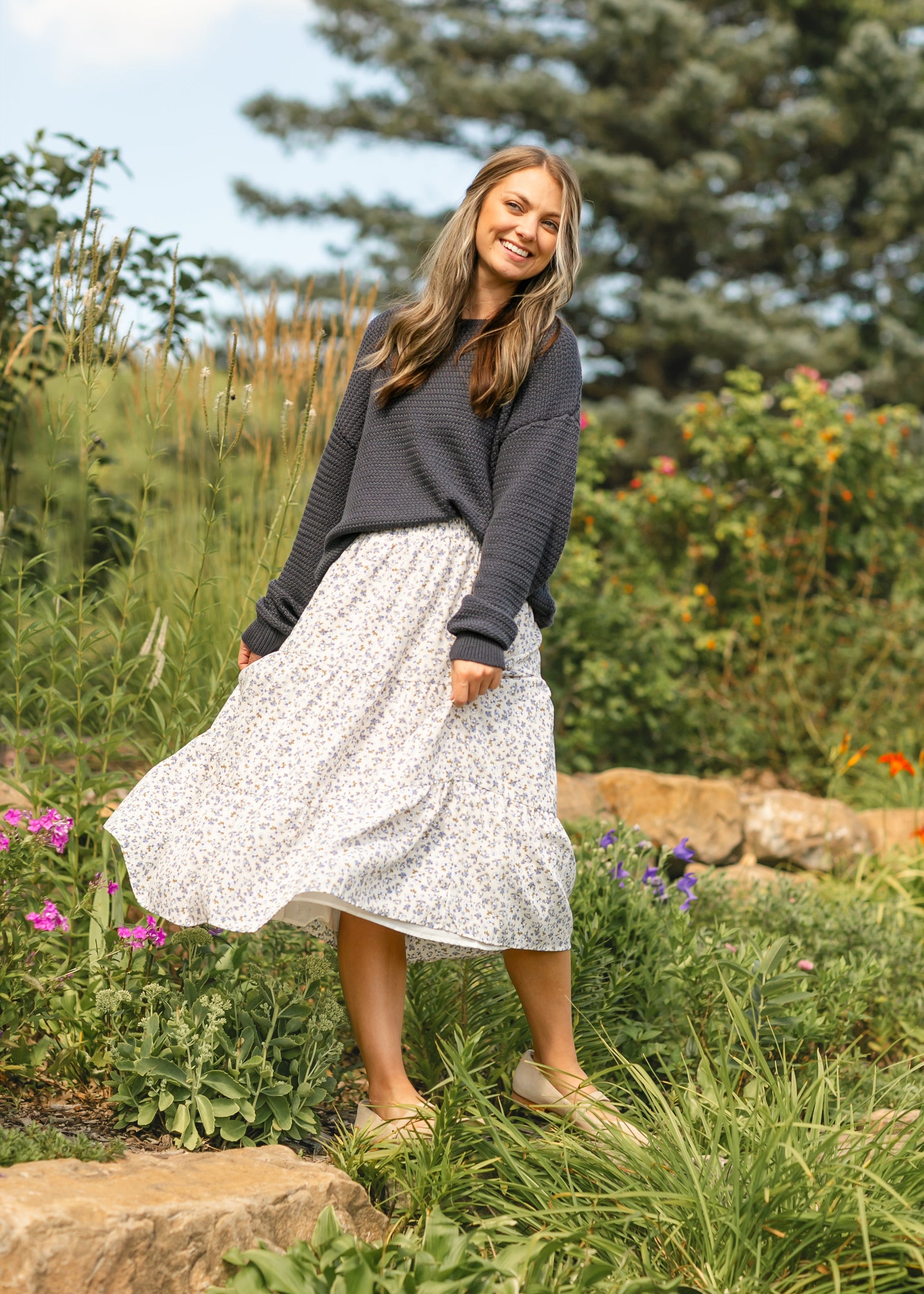 Harlow Blue Floral Tiered Midi Skirt IC Skirts