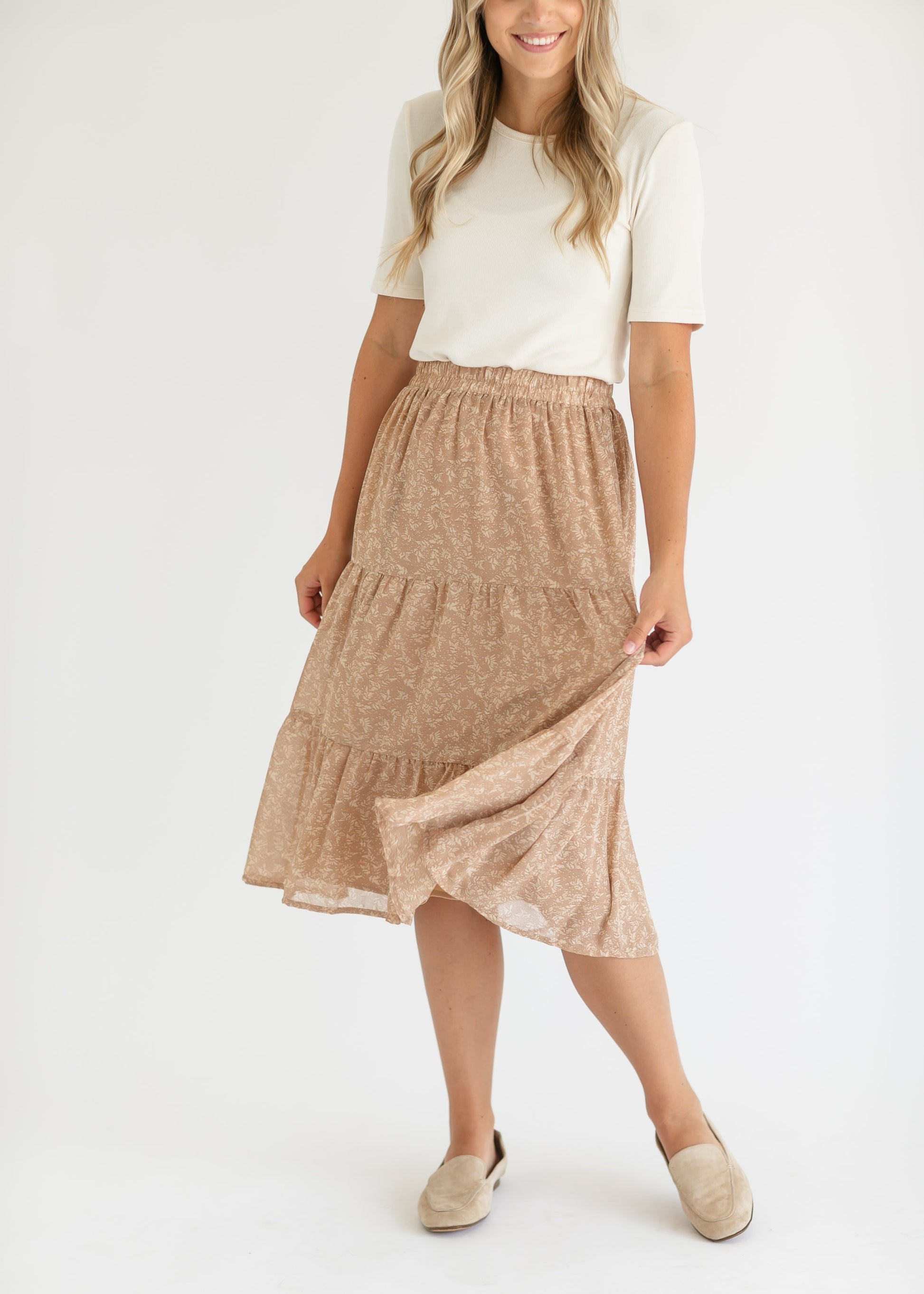 Harlow Taupe Floral Tiered Midi Skirt FF Skirts