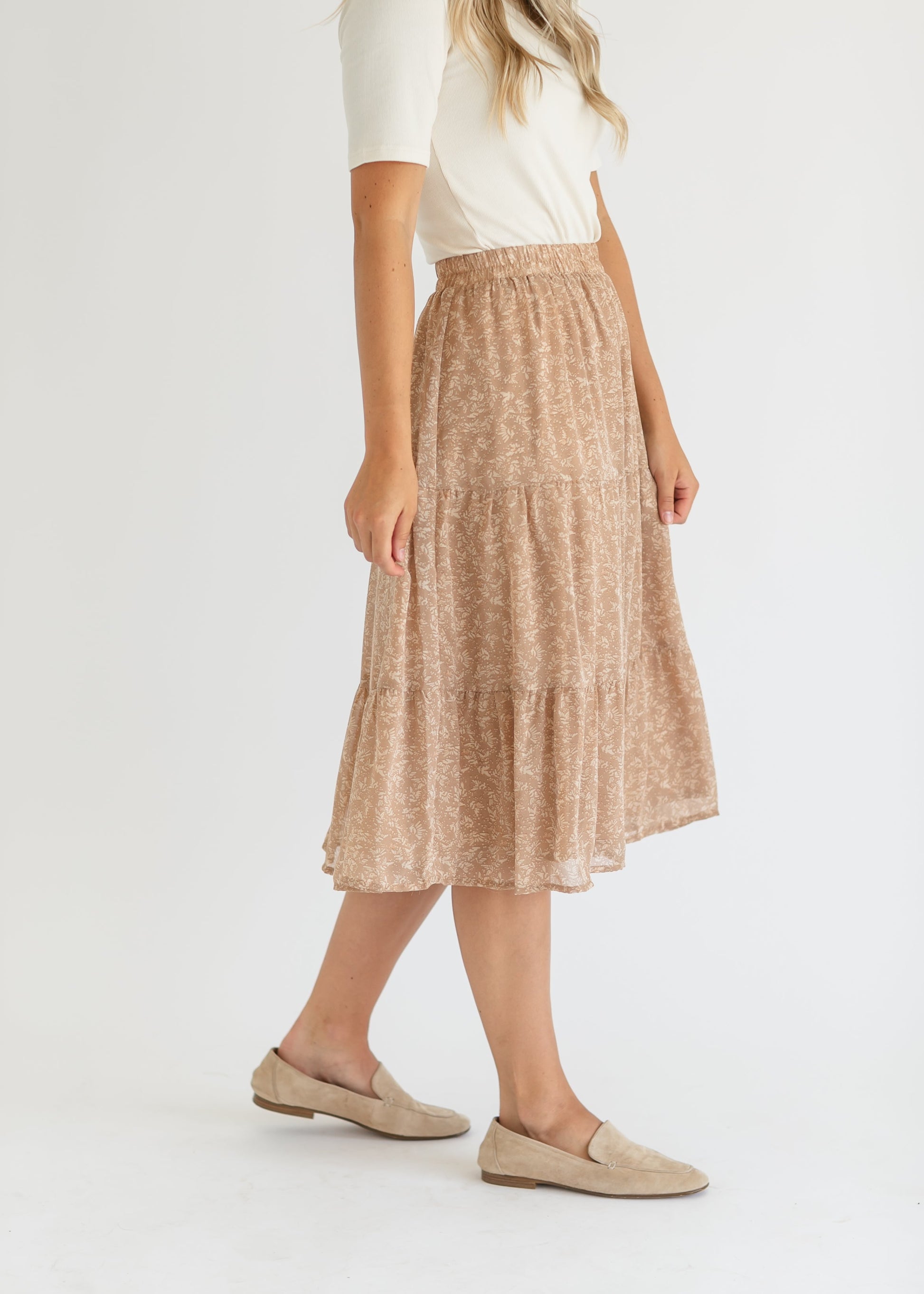 Harlow Taupe Floral Tiered Midi Skirt FF Skirts