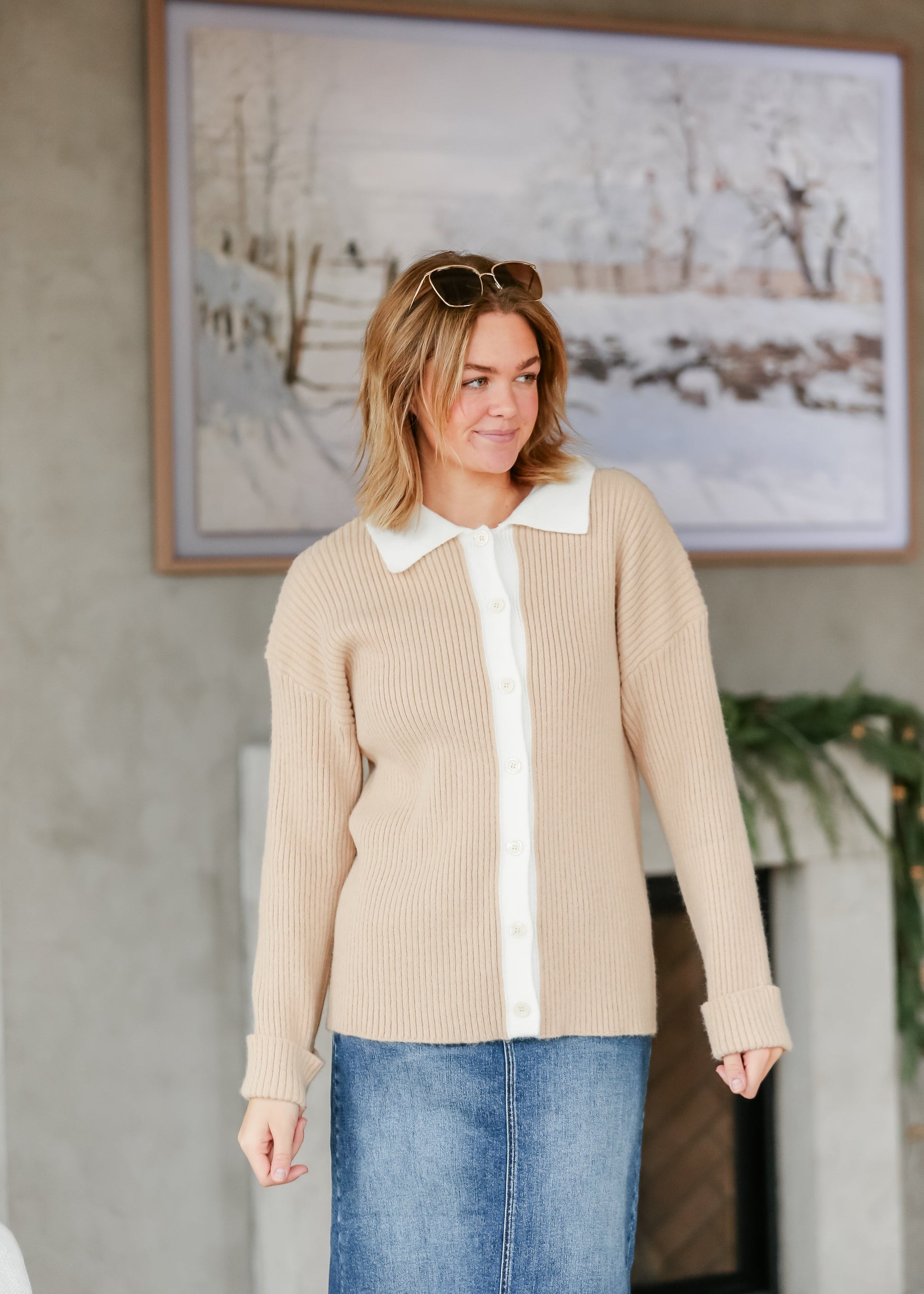 Herminie Two-Tone Button Up Cardigan FF Tops