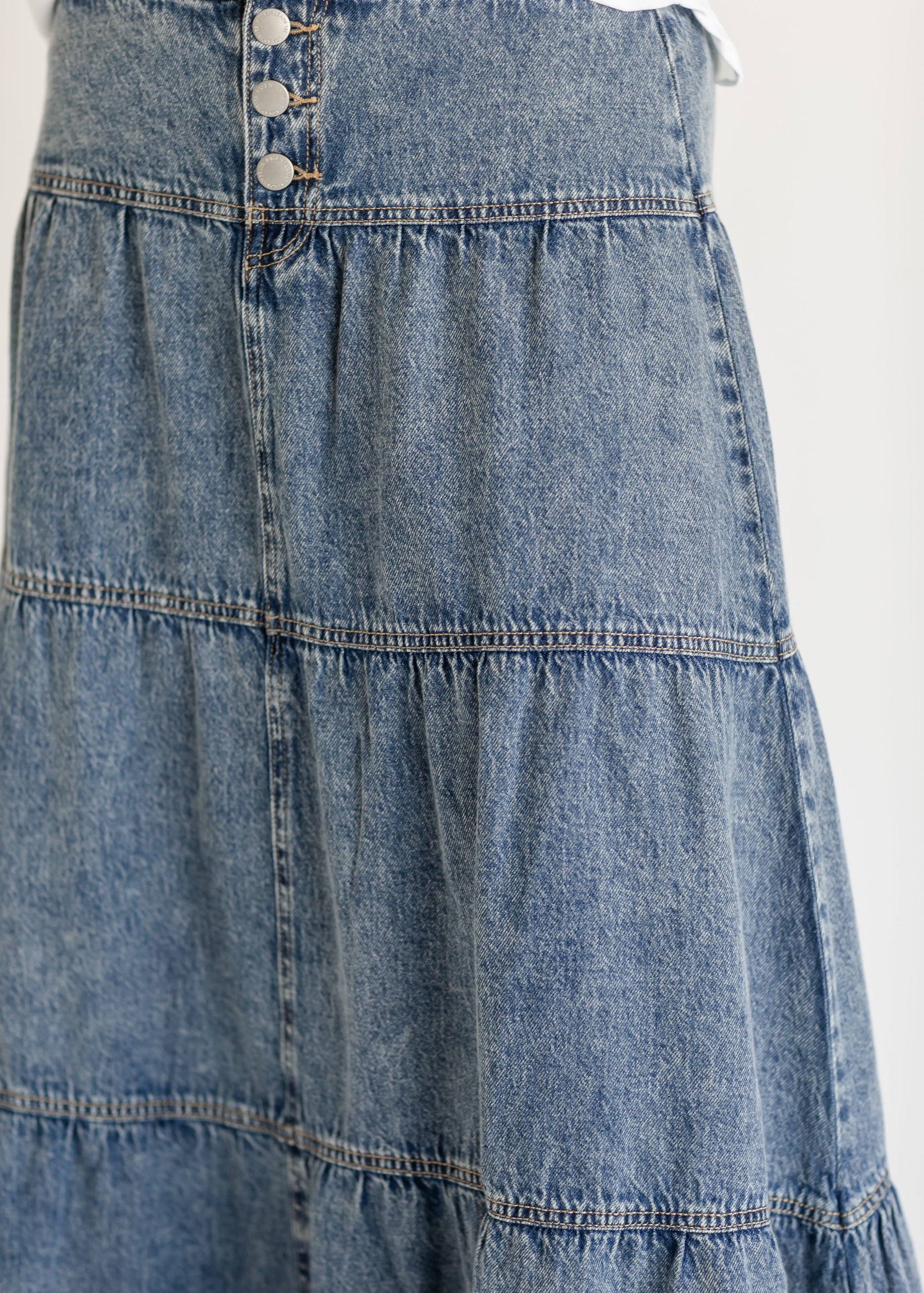 High Rise Ruffle Maxi Denim Skirt FF Skirts