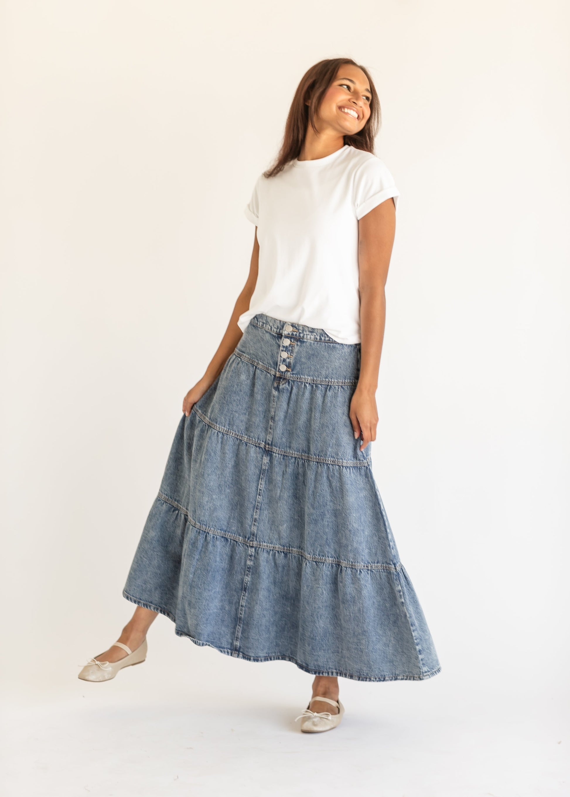 High Rise Ruffle Maxi Denim Skirt FF Skirts