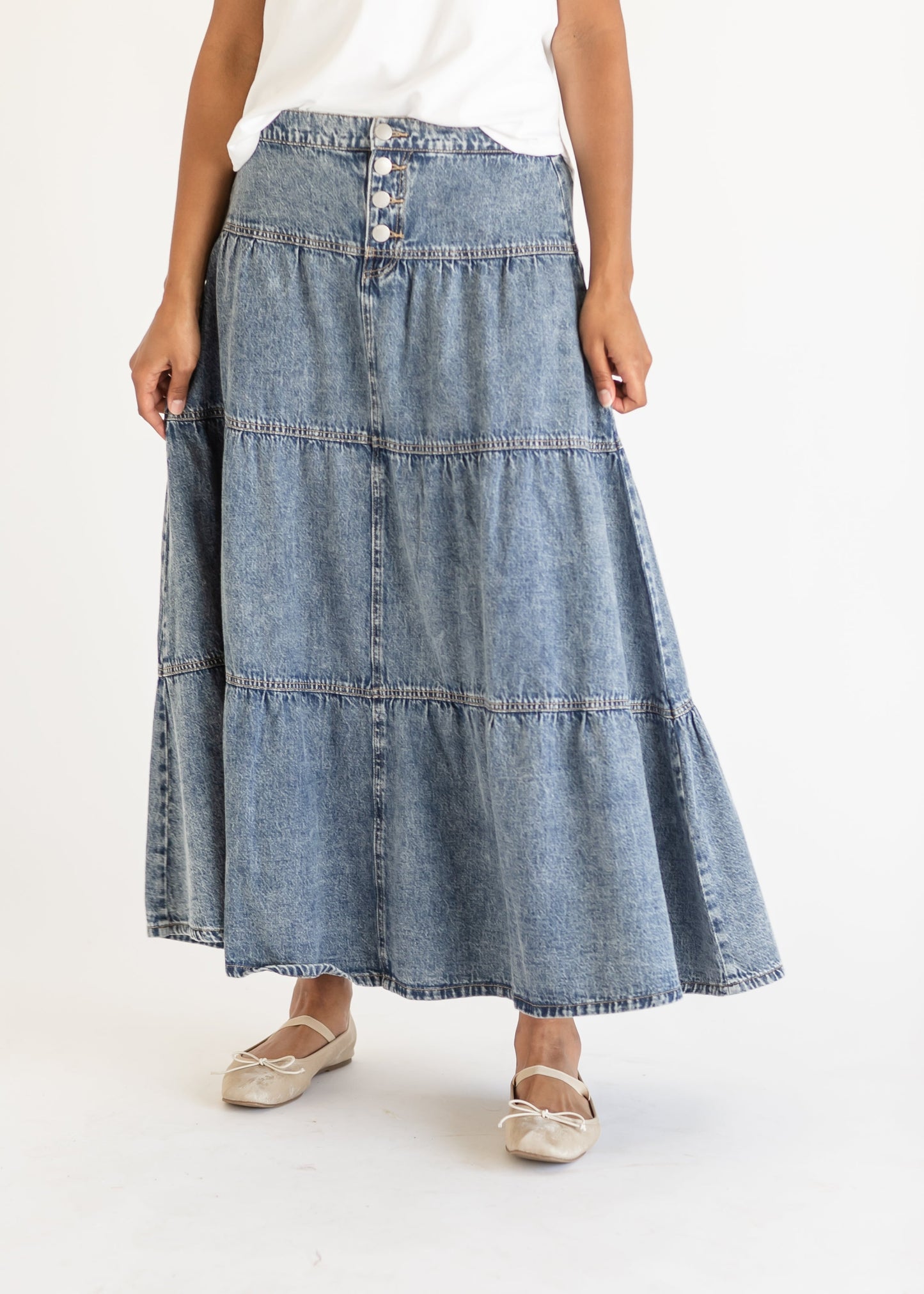 High Rise Ruffle Maxi Denim Skirt FF Skirts