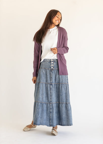 High Rise Ruffle Maxi Denim Skirt FF Skirts