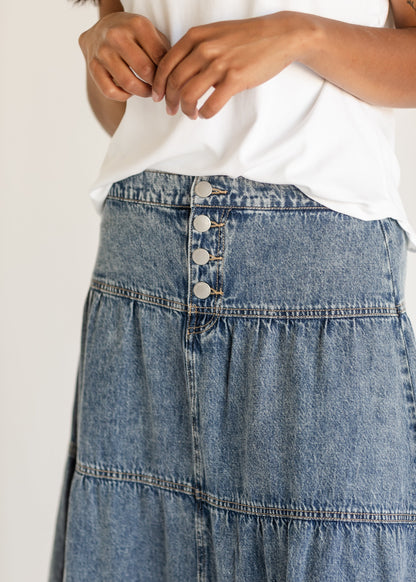 High Rise Ruffle Maxi Denim Skirt FF Skirts