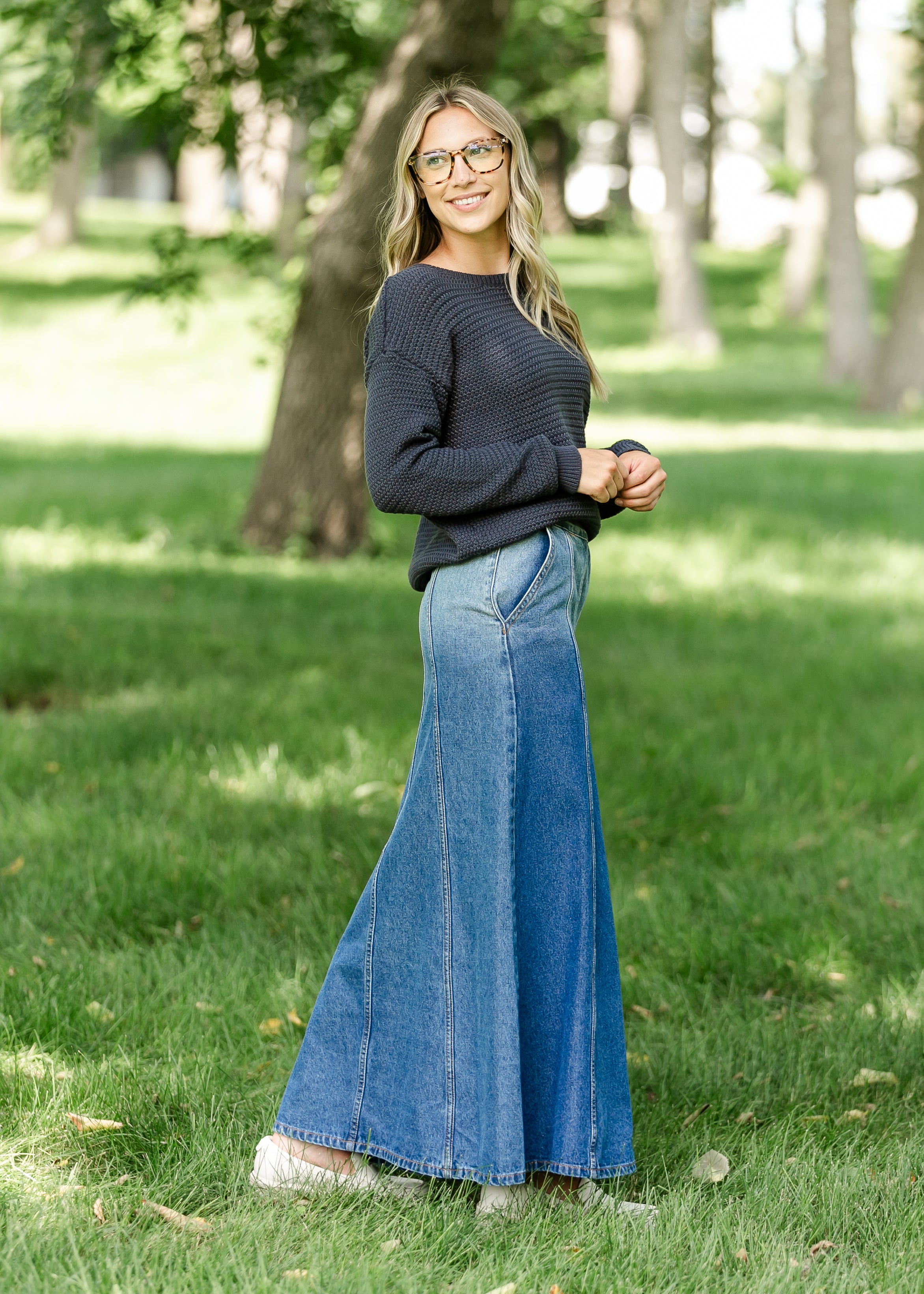 Denim maxi skirt flared hotsell