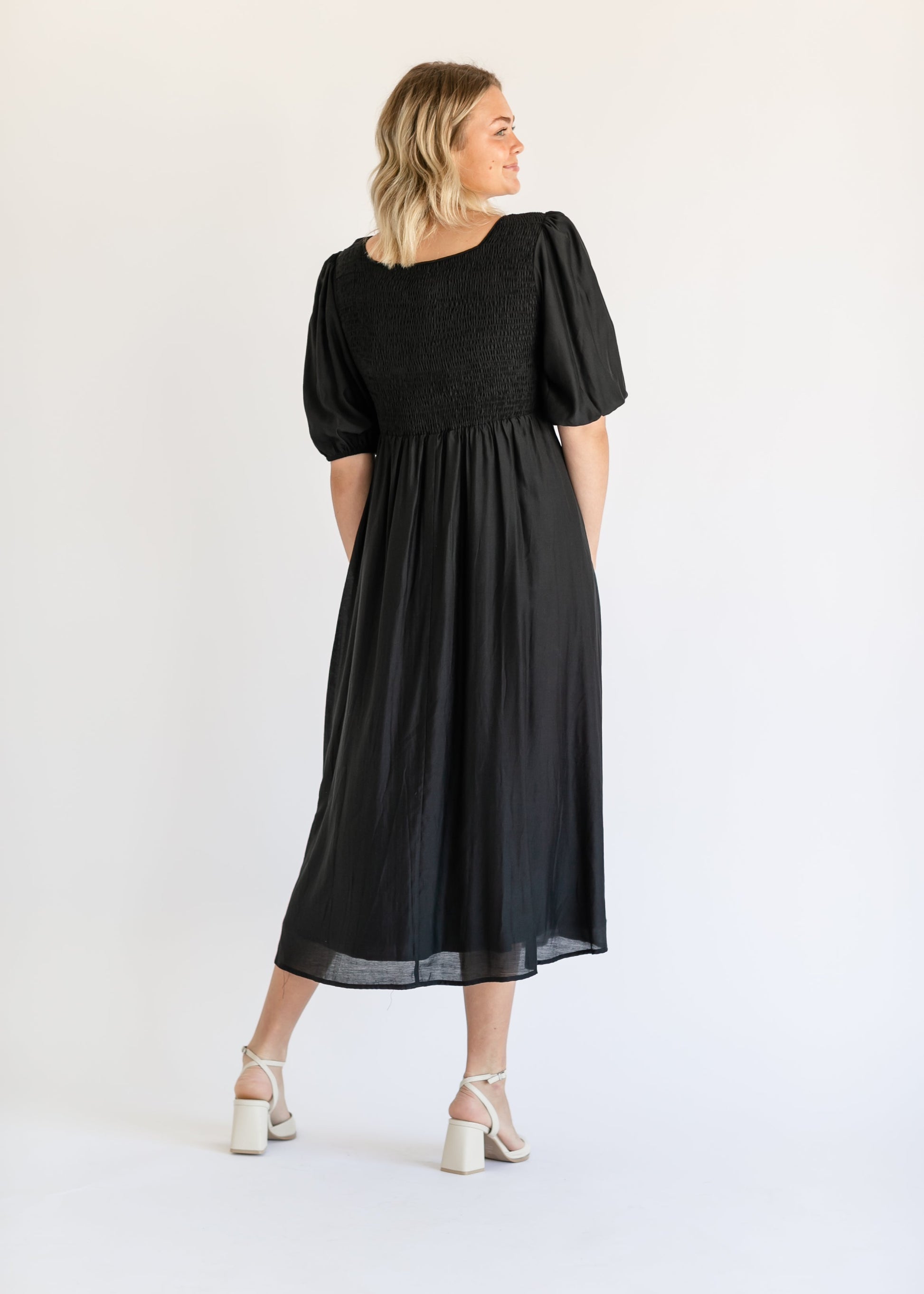 Kayleen Smocked Bodice Black Maxi Dress IC Dresses