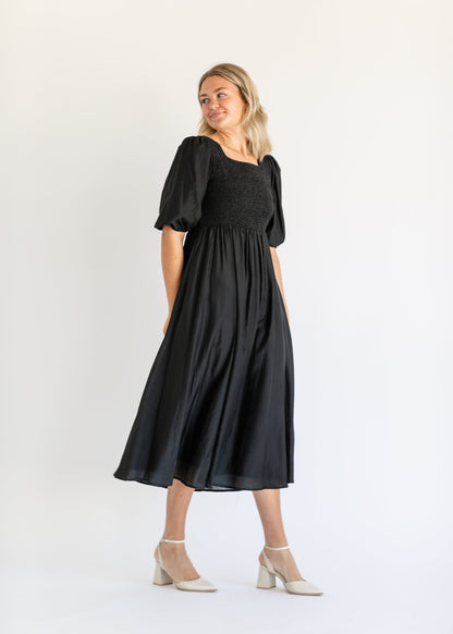 Kayleen Smocked Bodice Black Maxi Dress IC Dresses