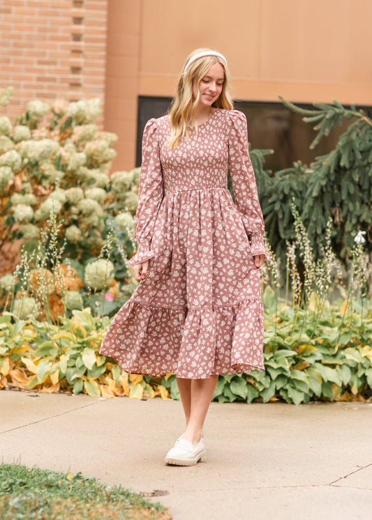 Kelsie Smocked Bodice Long Sleeve Midi Dress IC Dresses