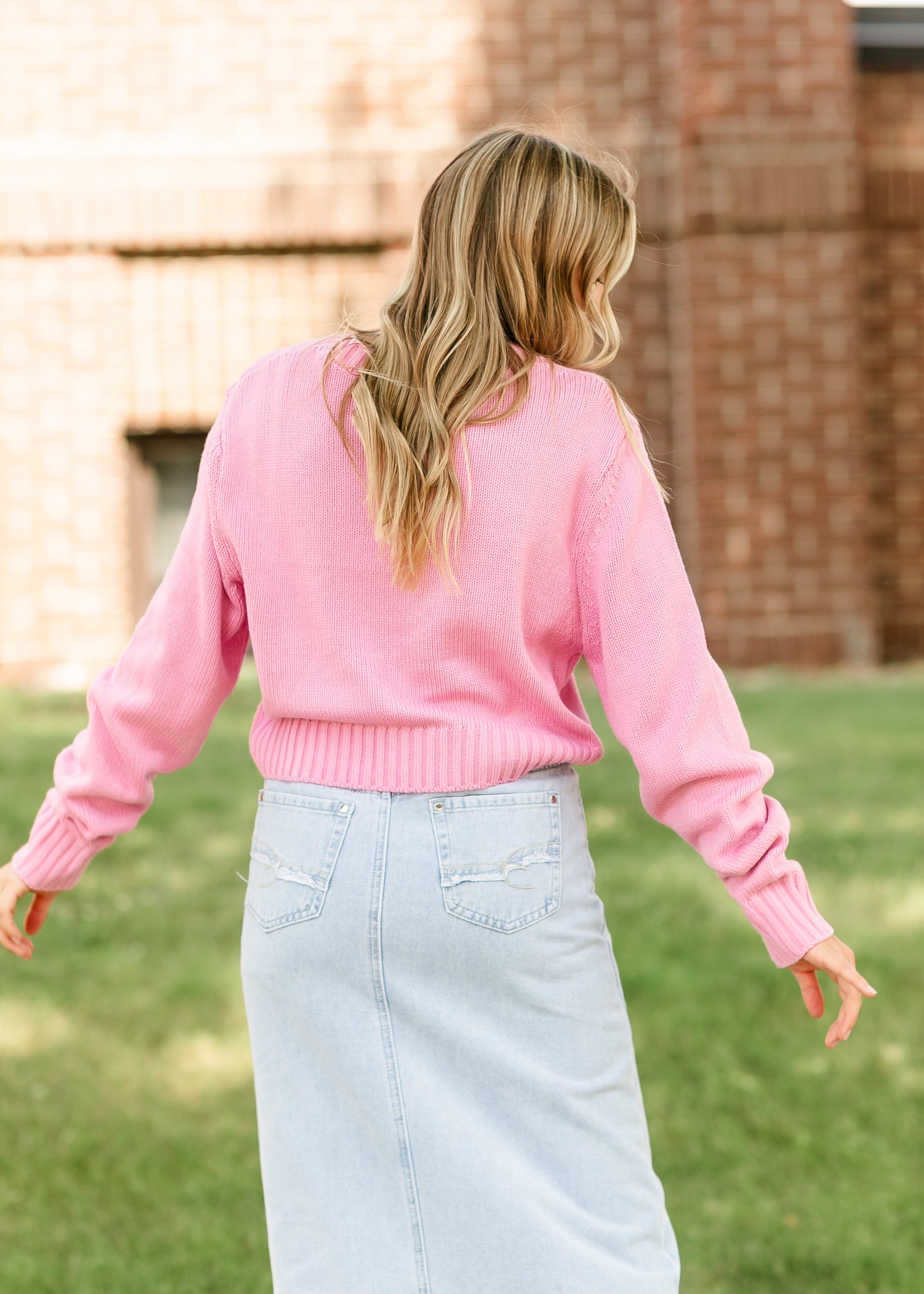 Kenna Rib Knit Pink Crewneck Sweater FF Tops