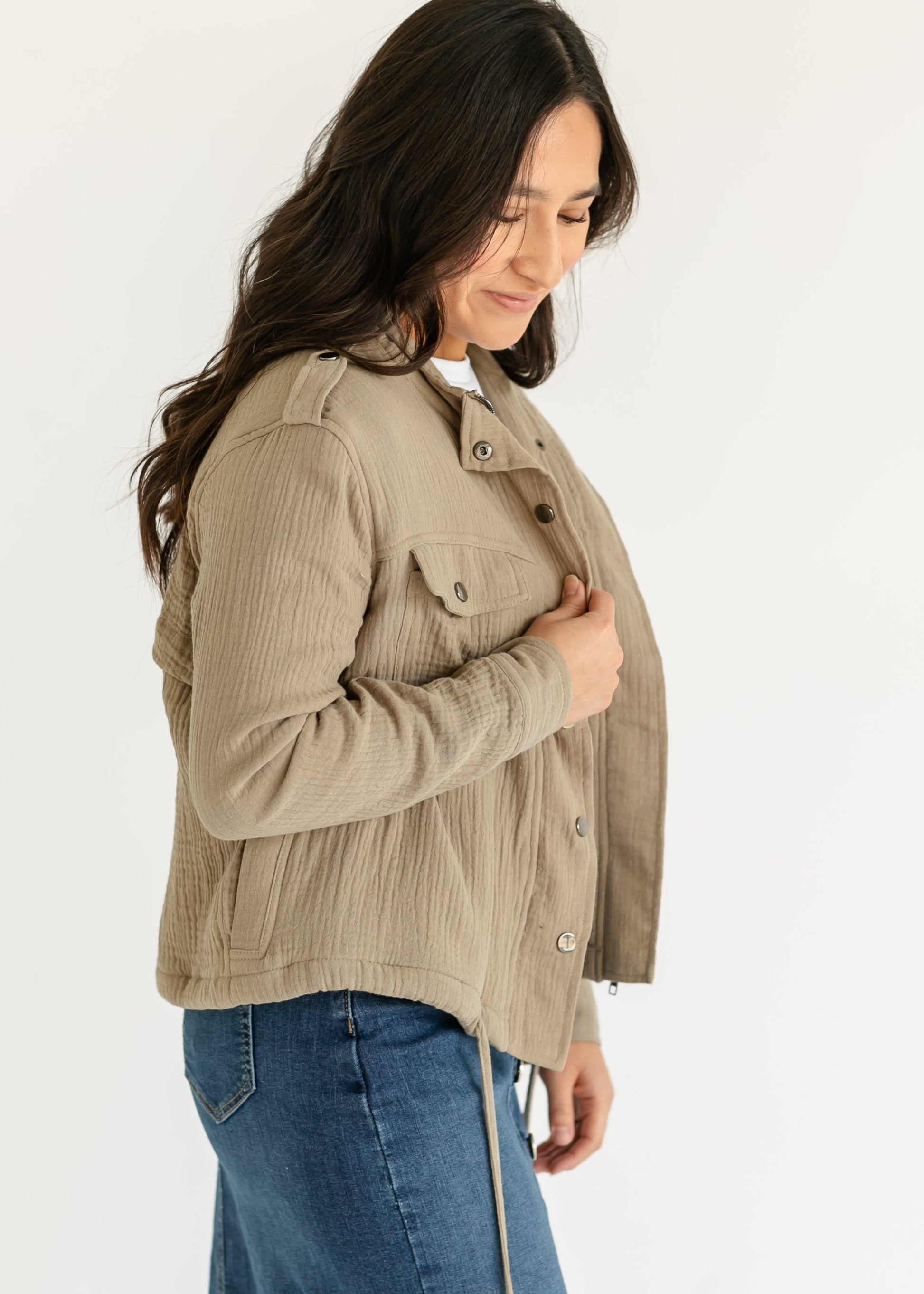 Khaki Gauze Snap Front Jacket FF Layering Essentials