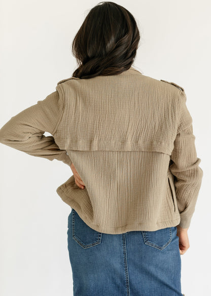 Khaki Gauze Snap Front Jacket FF Layering Essentials