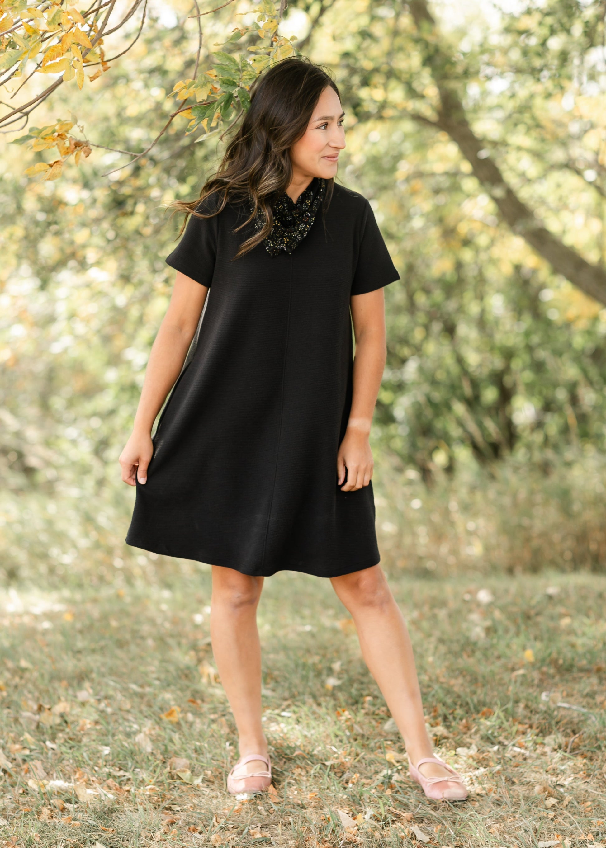 Knit Short Sleeve A-line Dress FF Dresses Black / S