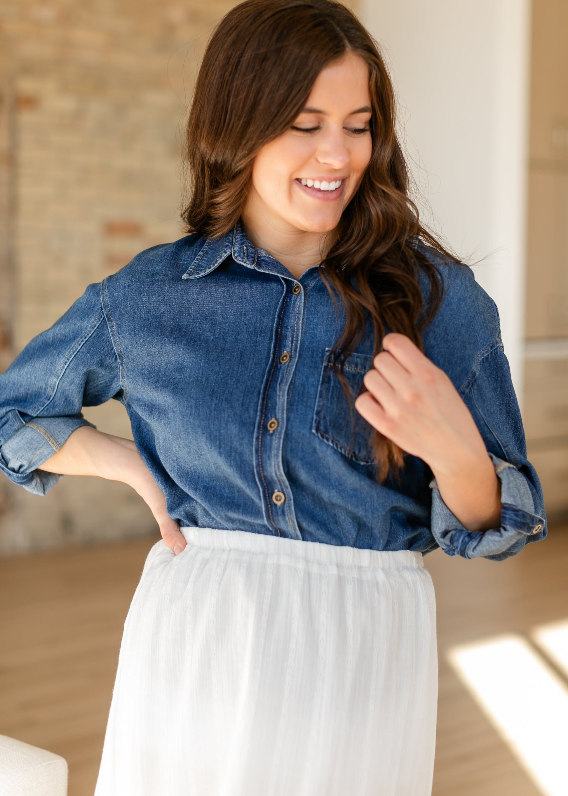 Leighton Linen Blend Denim Long Sleeve Top FF Tops