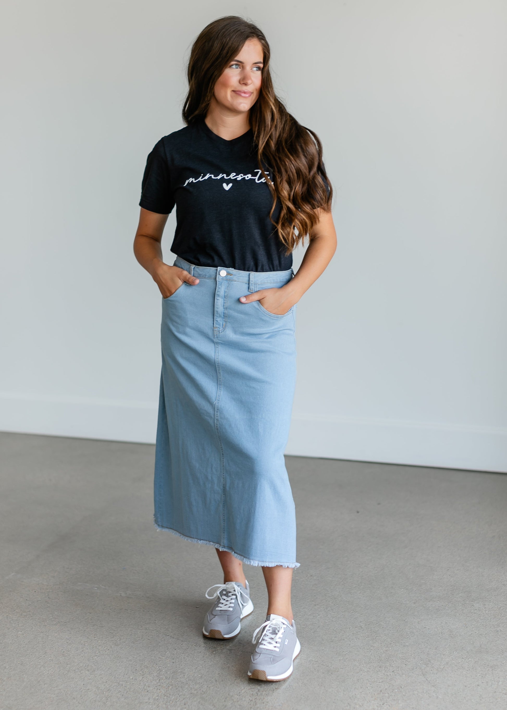 Bethany Medium Wash A-Line Long Denim Skirt - FINAL SALE – Inherit Co.