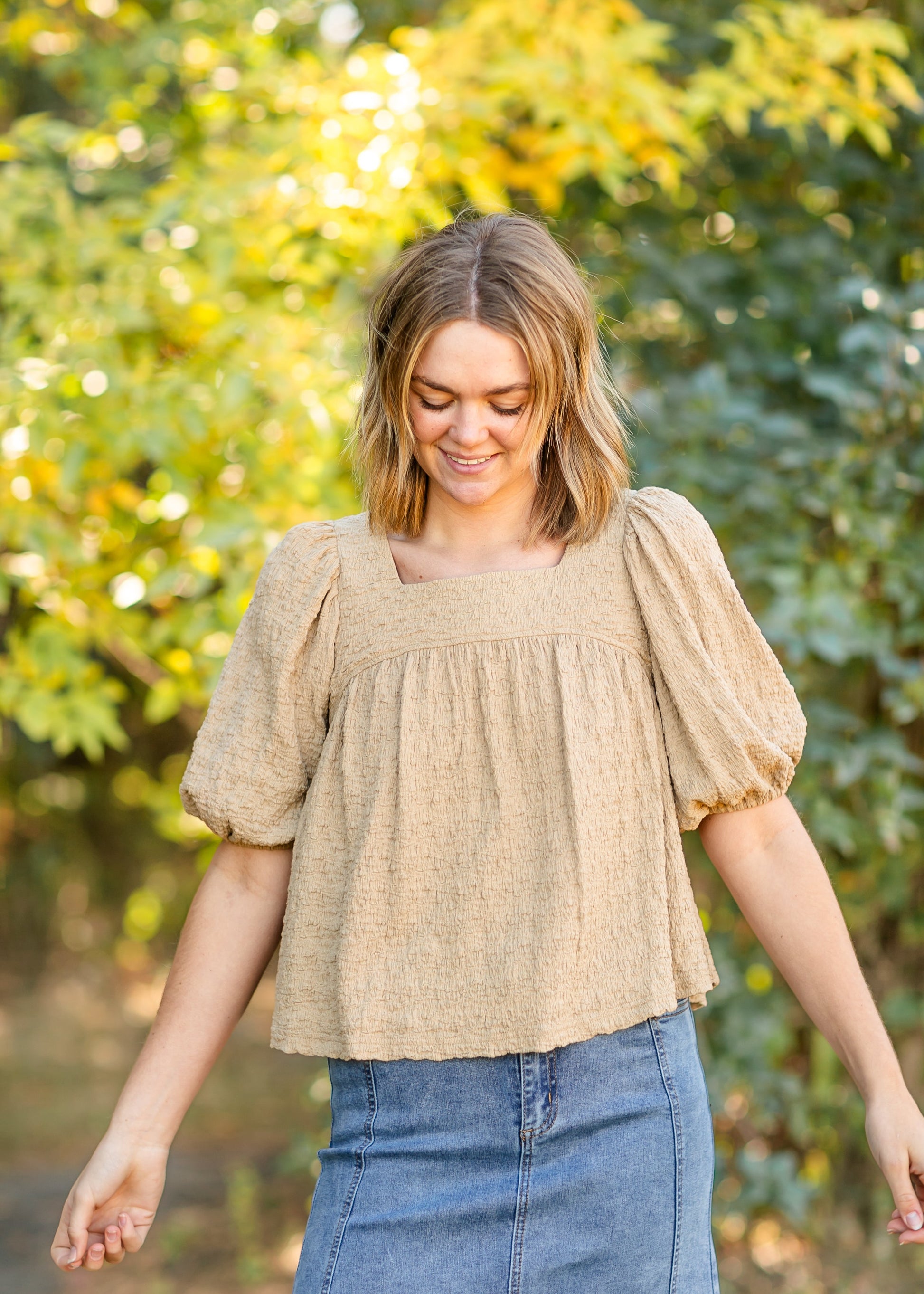 Lina Textured Taupe Peplum Top FF Tops