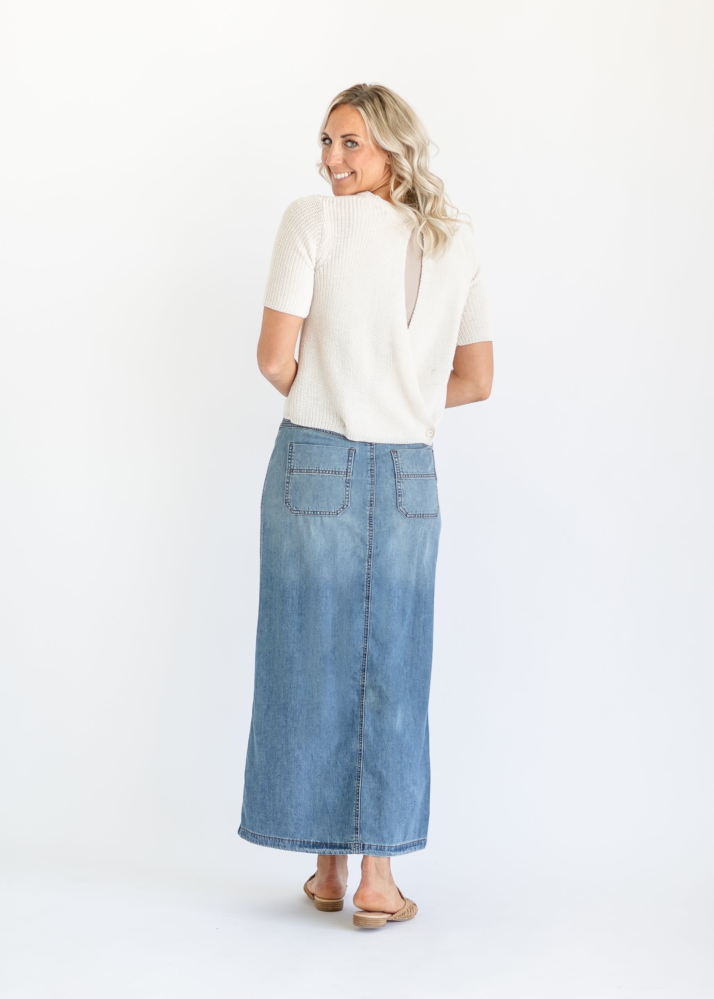 Button front denim skirt long hotsell