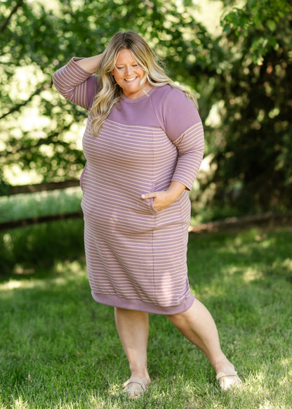 Liv Purple Striped Colorblock Sweatshirt Dress FF Dresses