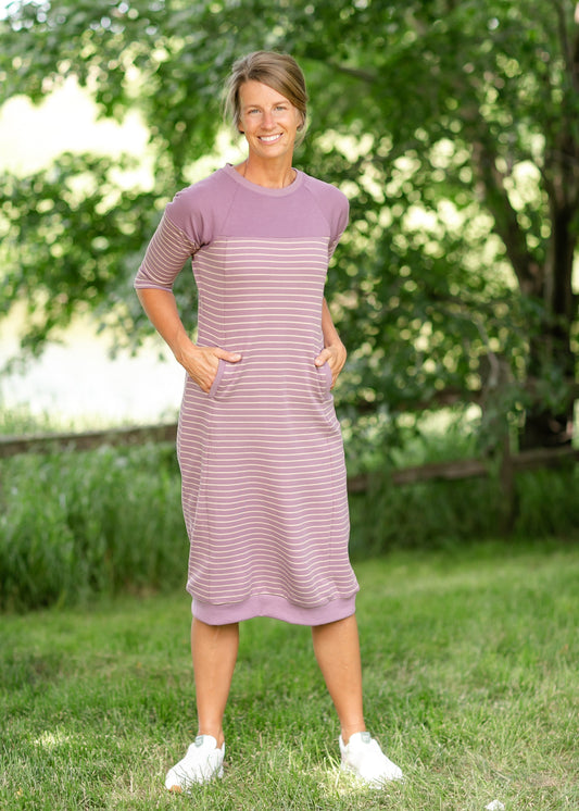Liv Purple Striped Colorblock Sweatshirt Dress FF Dresses