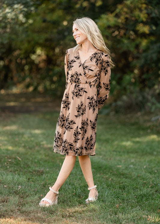 Long Sleeve Velvet Floral Print Midi Dress FF Dresses