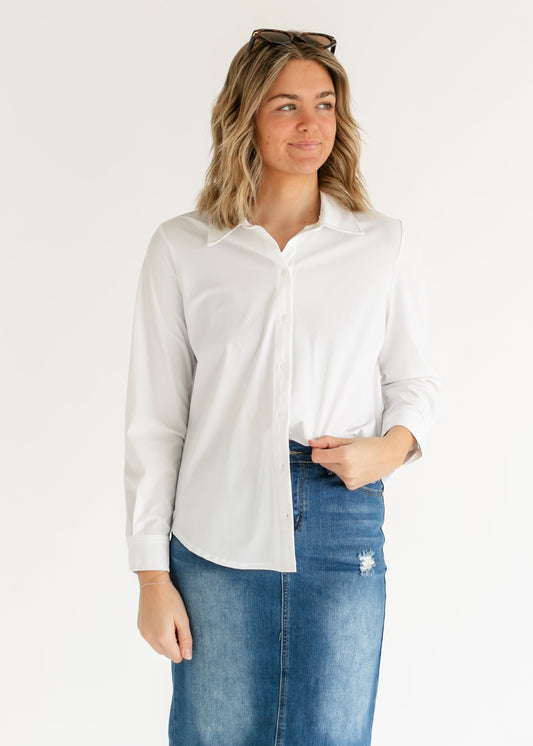 Long Sleeve White Button Front Knit Top FF Tops