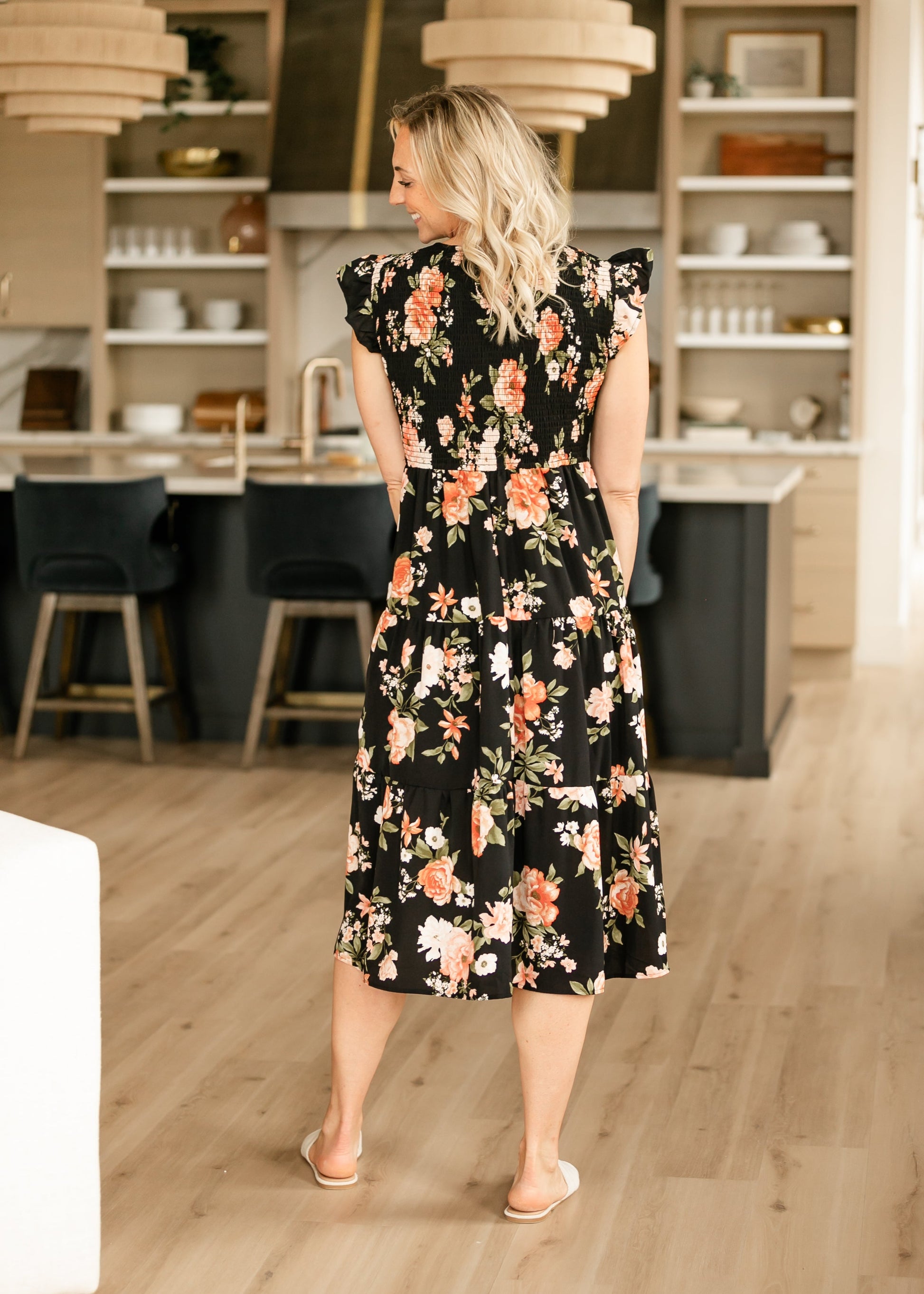 Lorelai Black Floral Smocked Tiered Midi Dress FF Dresses