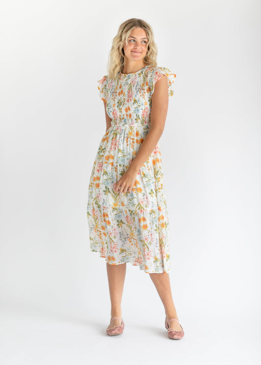 Lorelai Floral Smocked Tiered Midi Dress FF Dresses