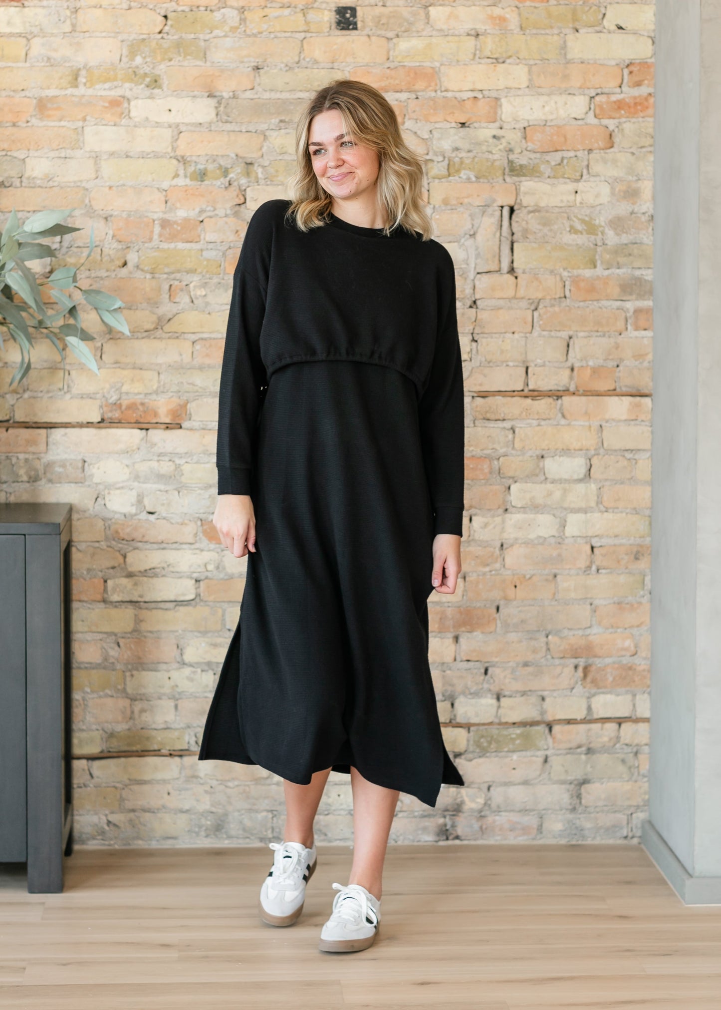 Lynette Knit Round Neck Cinched Tee Dress FF Dresses Black / S