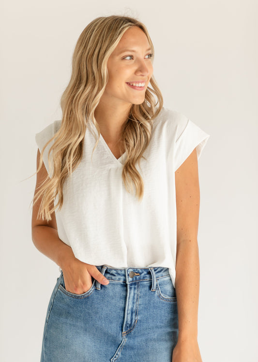 Madison V-neck Short Sleeve Flowy Top IC Tops Ivory / S