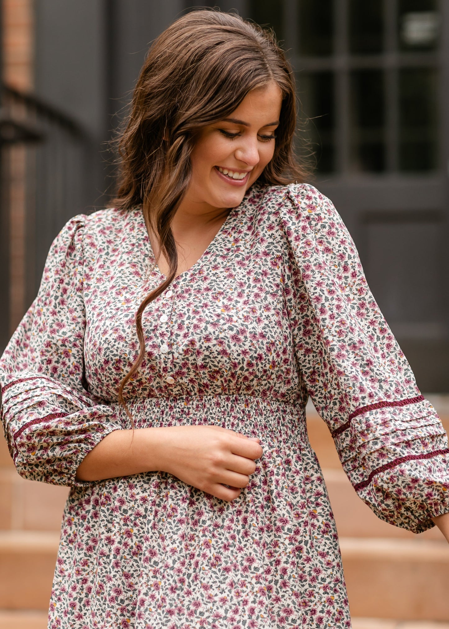 Maroon Floral 3/4 Sleeve Dress FF Dresses