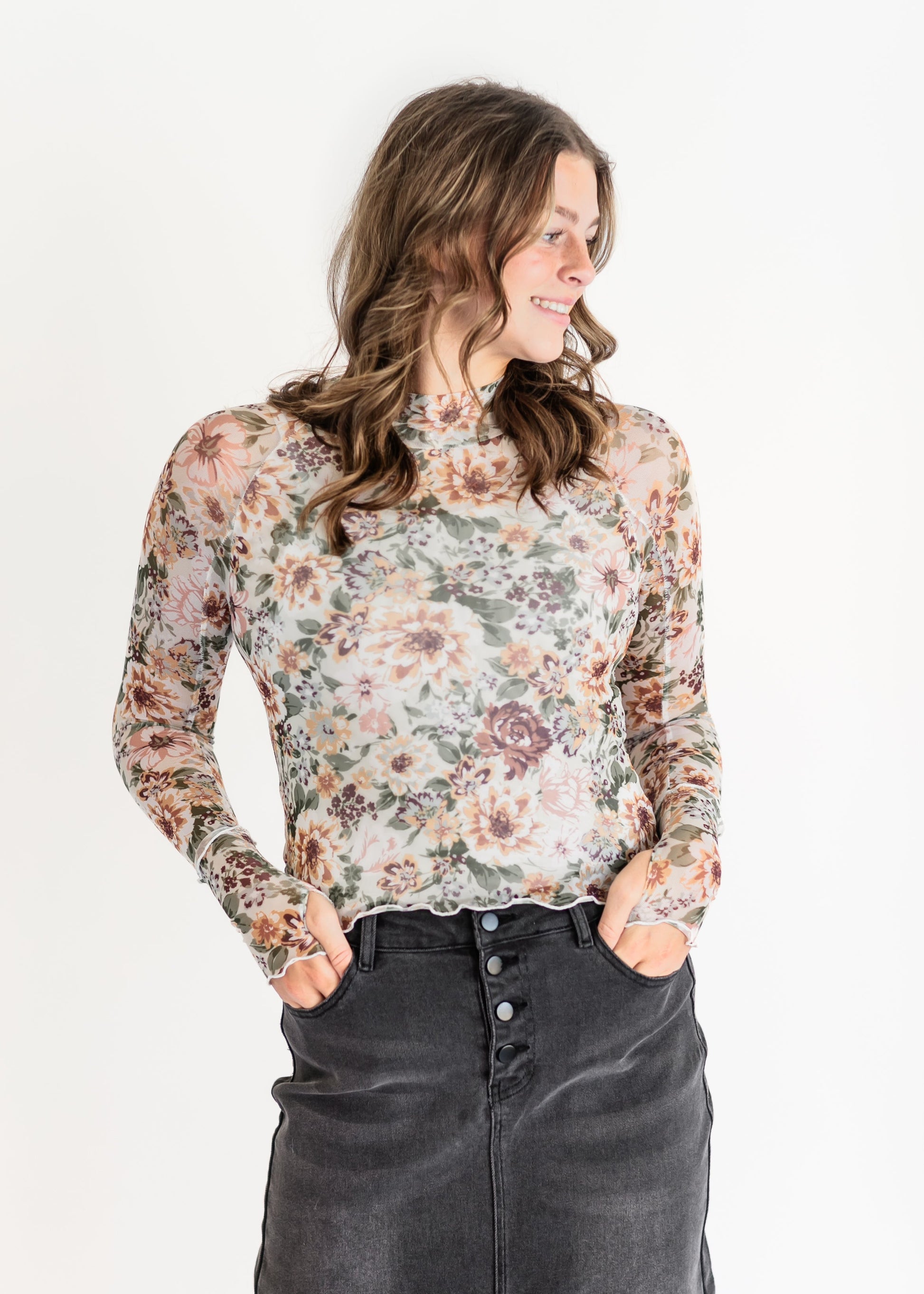 Mesh Floral Long Sleeve Top FF Tops