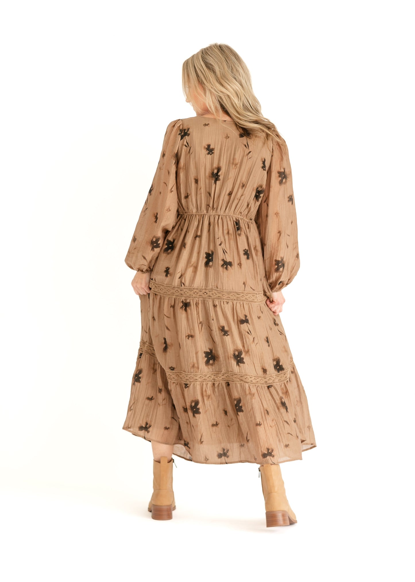 Mocha Floral V-neck Smocked Maxi Dress FF Dresses