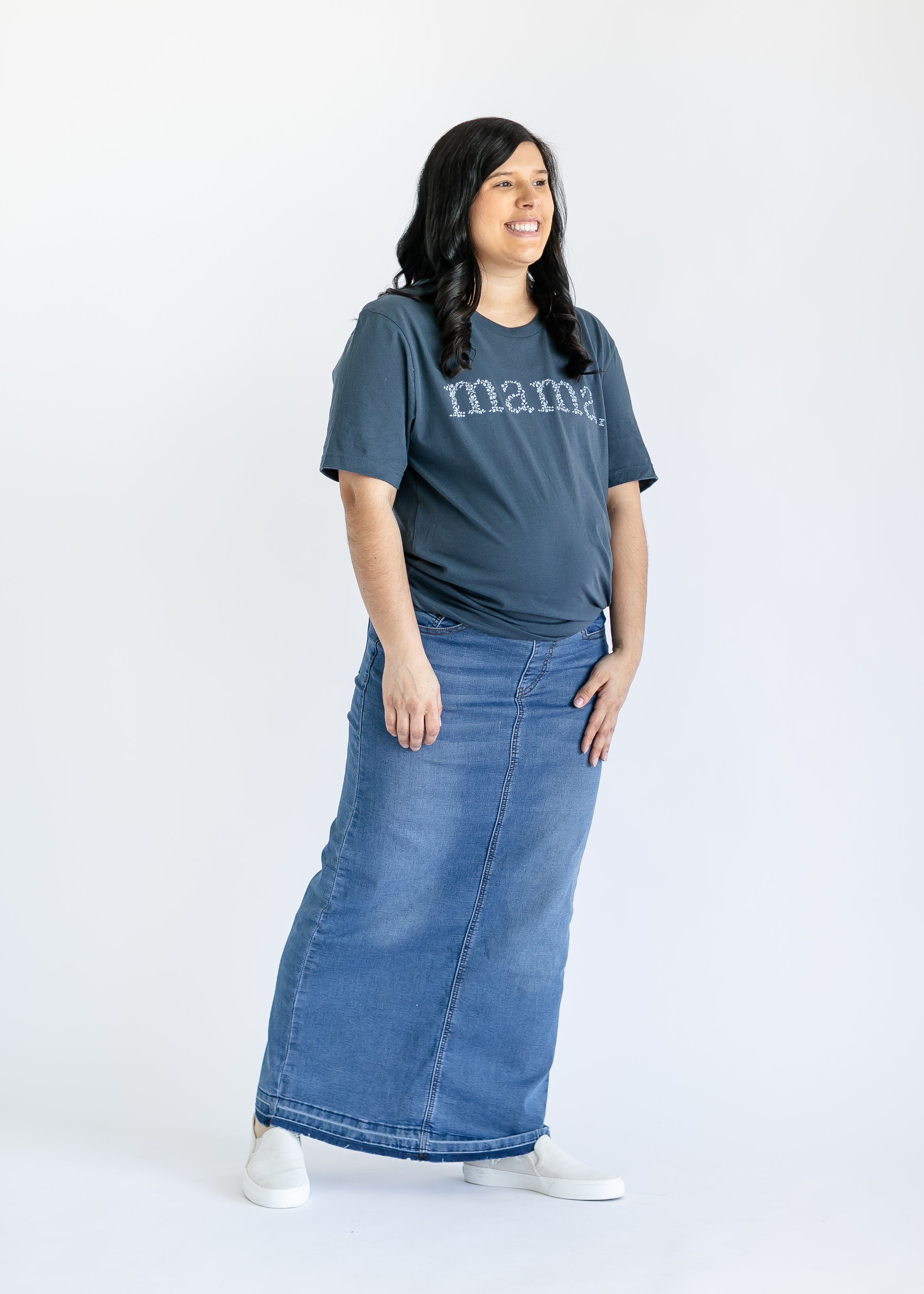 Morgan Maternity Distressed Raw Hem Long Denim Skirt FINAL SALE Inherit Co