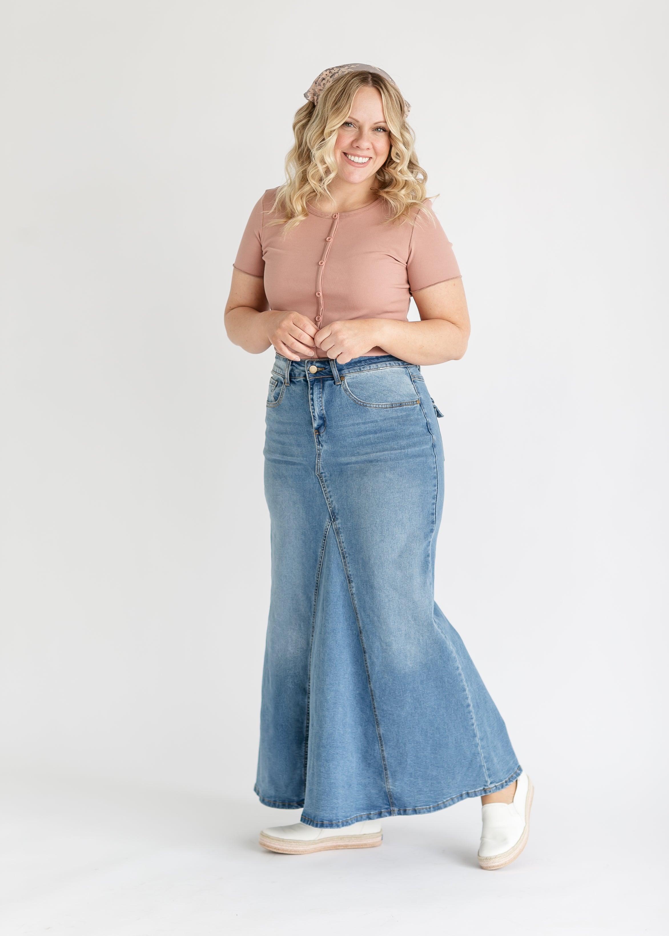 Naomi Stonewash A-Line Long Denim Skirt