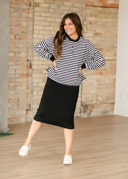 Nina Quarter Button Black Striped Top FF Tops