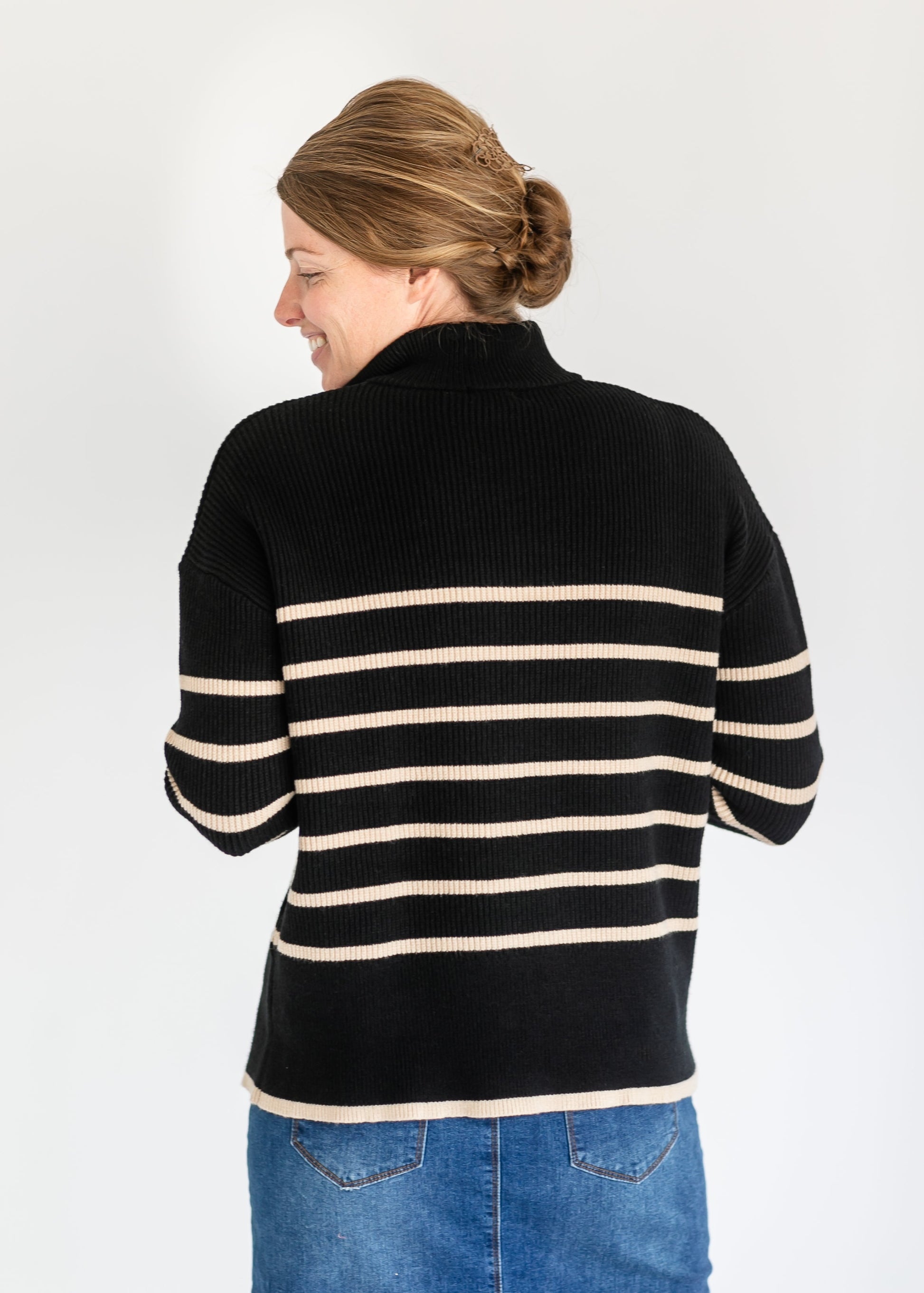 Nova Taupe Striped Black Quarter Zip Sweater FF Tops