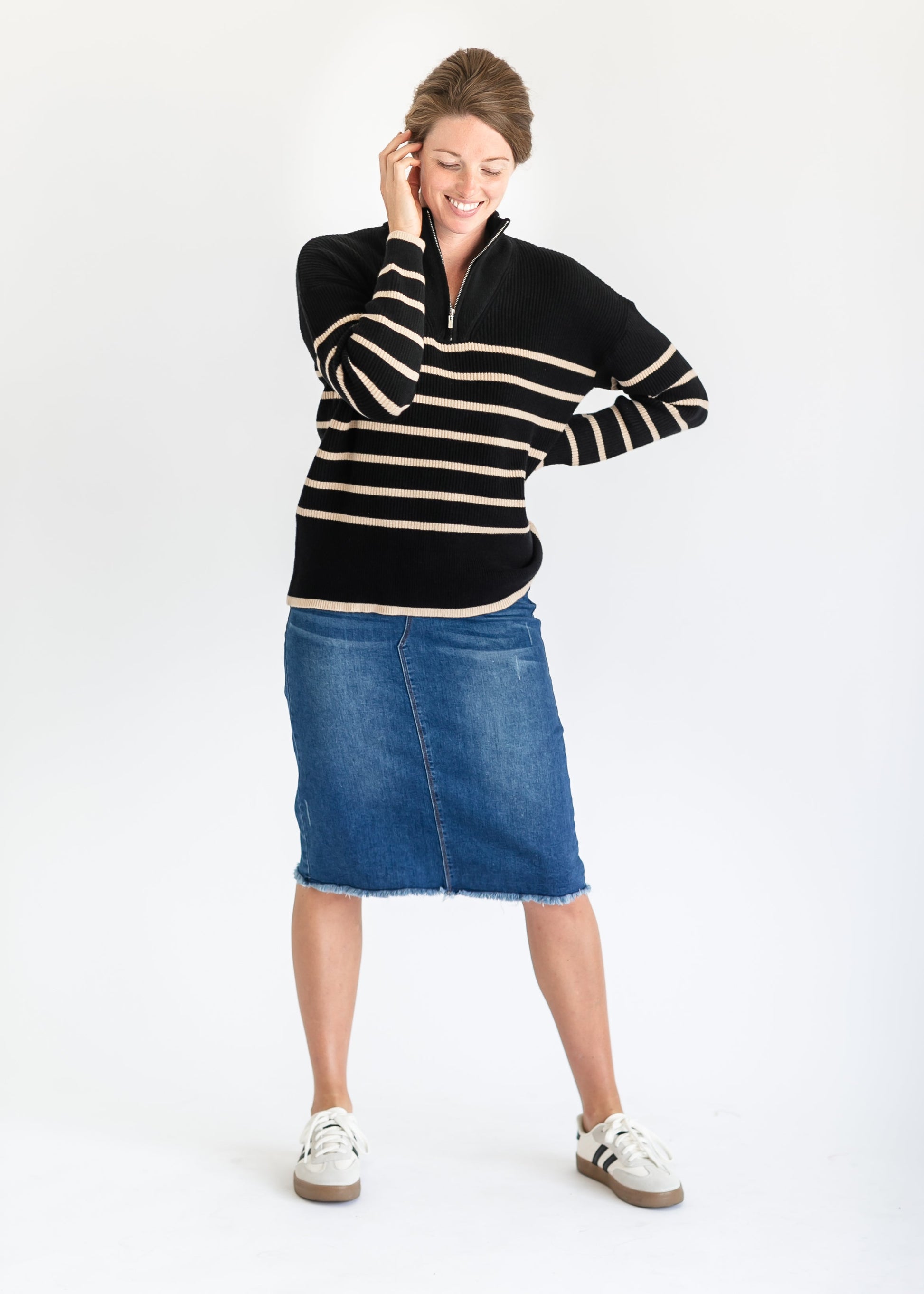 Nova Taupe Striped Black Quarter Zip Sweater FF Tops