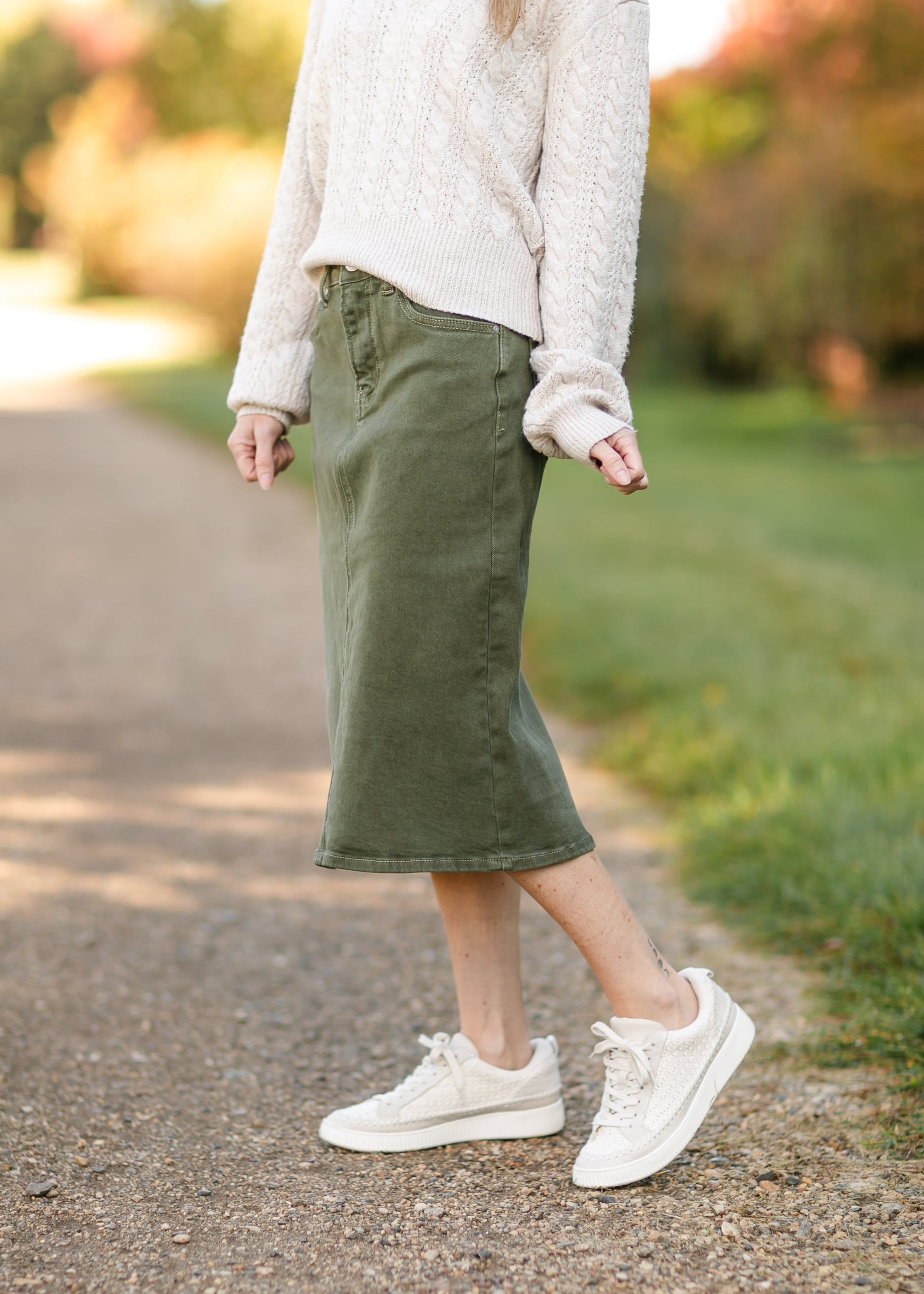 Olive Denim Midi Skirt FF Skirts