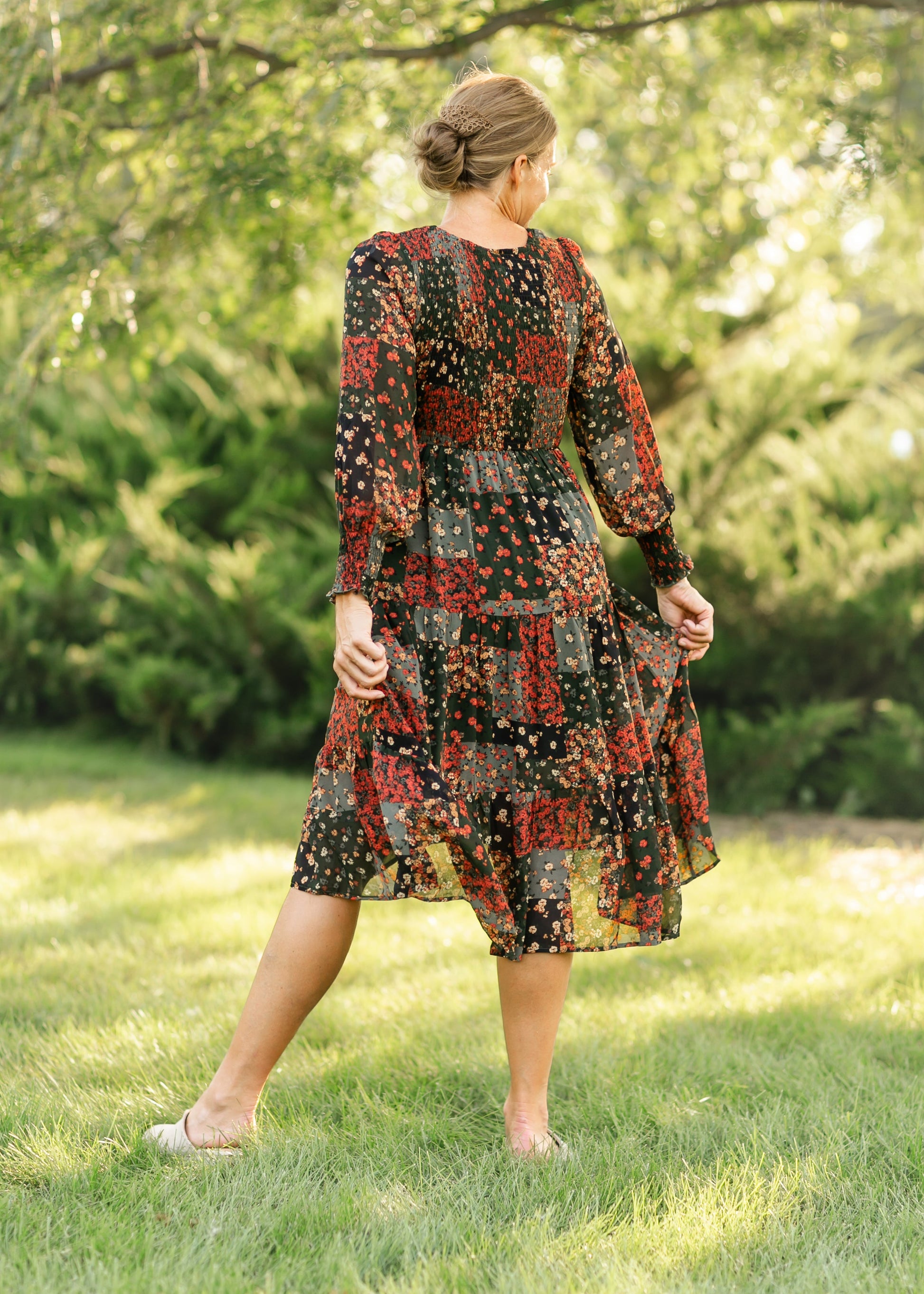 Patchwork Ditsy Floral Long Sleeve Midi Dress FF Dresses